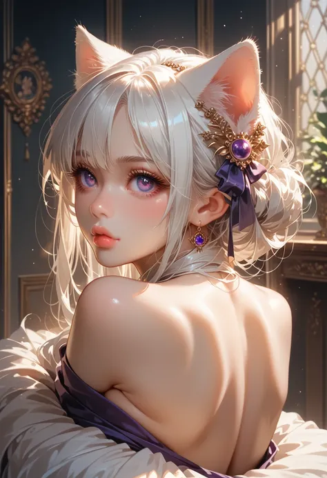 Beautiful long and thick white hair tied up on both sides, sparkling purple eyes, super beautiful lips, super big breasts, cat ears, beautiful body, expressive eyes, expressive lips, most detailed, butt cheeks, view from behind.