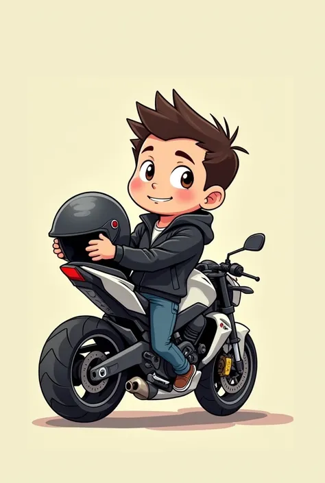 Motorcyclist with his helmet on his left arm mini cartoon, with black jacket posing sideways, without helmet on head 