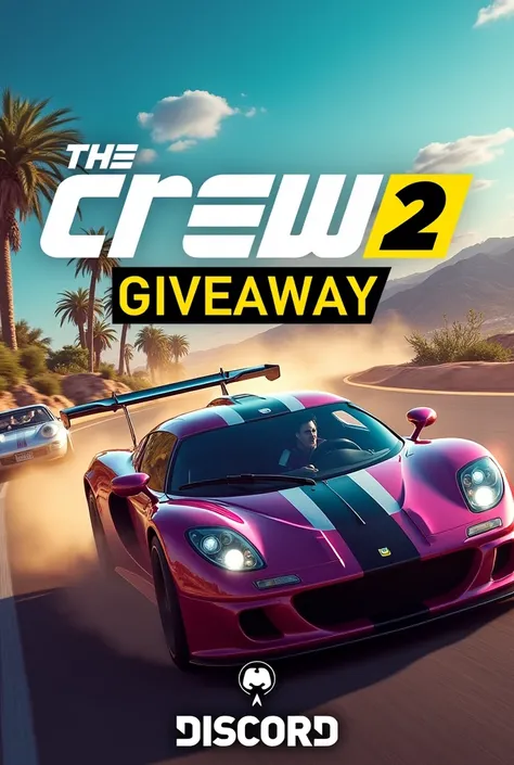 give me a image where i want to giveaway the crew 2 game on discord
in background add the game cover or cars and add text giveaway and discord logo