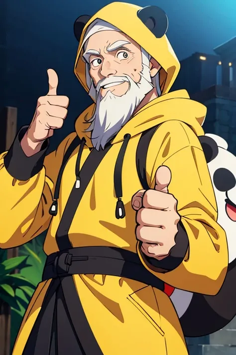 Male.stream emote. thumbs up. yellow robe.hermit.fit.long white beard.pure white beard. cartoon.hood. backpack. survivor. happy face. panda ears hood. filled pupils