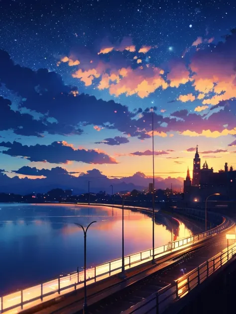 Masterpiece, Anime of a train running on a body of water, Bright starry sky. Romantic train, Makoto Shinkai drawing, pixiv, concept art, lofi art style, reflection. by makoto shinkai, lofi art, beautiful anime scene, anime scenery, detailed scenery — width...