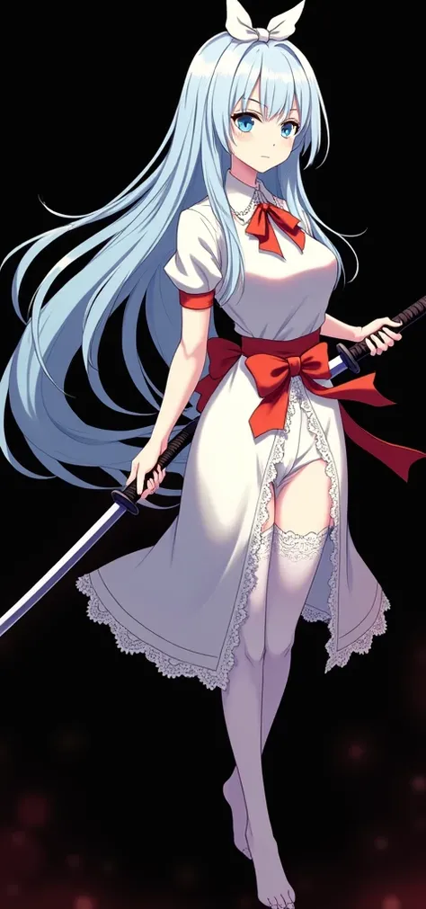 woman, Beautiful long blue hair, anime,Katana,White stockings with lace,I tied a red bow.
