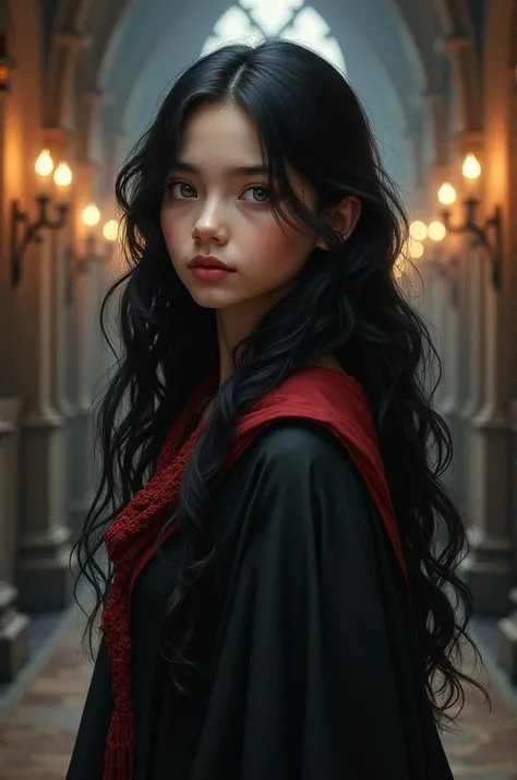 Hogwarts student,  Spanish girl, fair skin, long wavy black hair, sharp gray eyes, natural red lips.