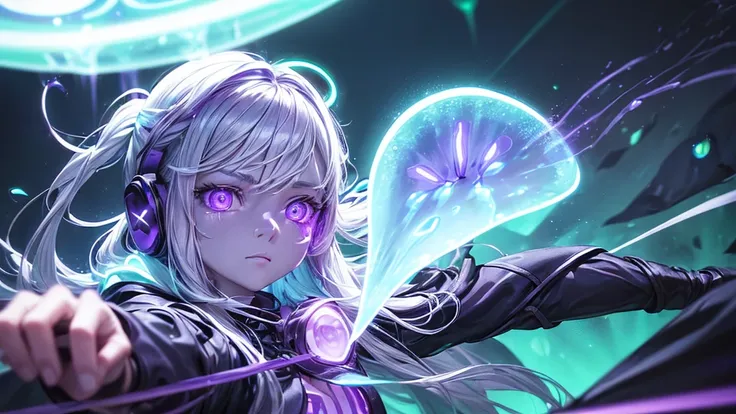 cute fantasy elf hunter woman in the forest, ((Best Quality:1.0)、(Ultra-high resolution:1.0)、(((Eyes close up)))、(Purple eyes glowing white:1.5)、(Purple eyes with a strong white light emitting from within:1.5)Headphones、Half-body portrait、Very bright and l...