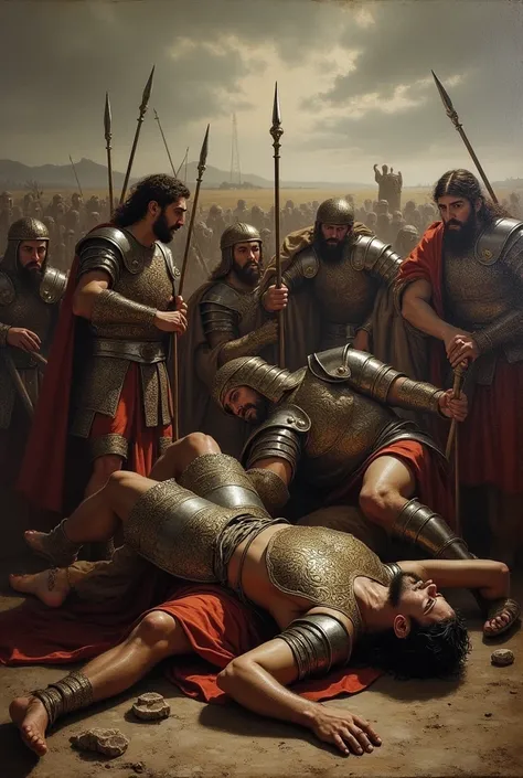 Biblical characters, several men with armor on the ground because of war  