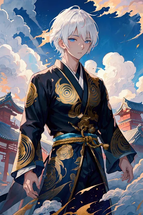 Japanese anime style illustration，Handsome young man standing on the damaged roof，white hair，Blue eyes。Wearing a black and gold long-sleeved kung fu suit，Gorgeous embroidery patterns，radiant and heroic，cloudy sky，low angle shot，panoramic，Exudes a cool brea...