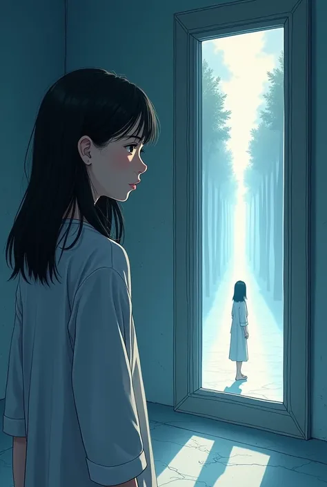 Make a comic that is manhwa-like in art style about a girl with long black hair slightly passing her shoulders, choosing between two options,first, shes in a dark lit room, standing in the middle, unsure of herself, second, shes standing Infront of a mirro...