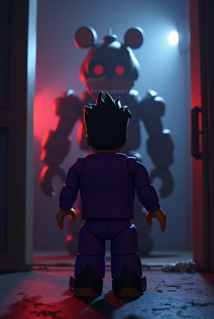 Faça uma thumbnail pro YouTube de FNAF no Roblox, the animatronics are in a room like the one in FNAF 4, There is a Roblox character with a purple suit very scared of the Animatronic that is behind him
