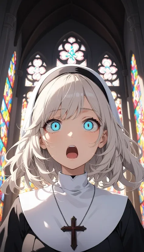 score_9, score_8_up, score_7_up, score_6_up, backlighting, light rays, 1girl, adult woman, nun, mouth mask, white hair, medium hair, messy hair, blue eyes, Pretty Face, Constricted pupils, scared, traumatized, looking at viewer, (background: stained glass,...