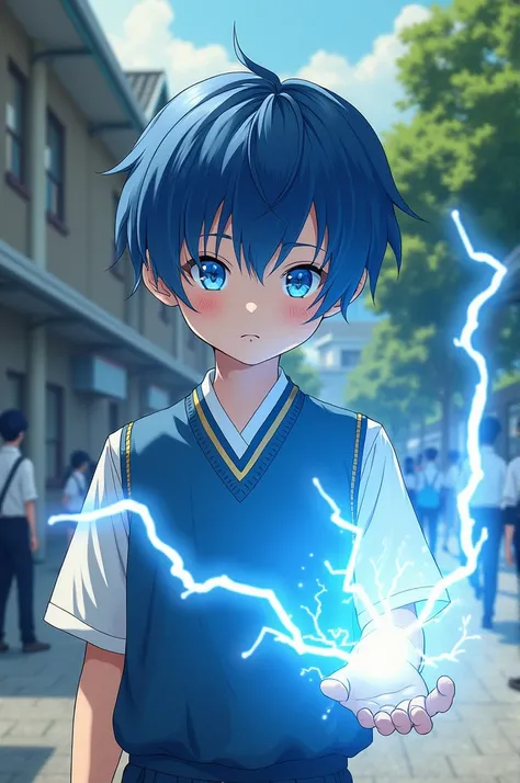 A boy with blue hair and blue eyes, a Japanese school uniform with lightning powers.