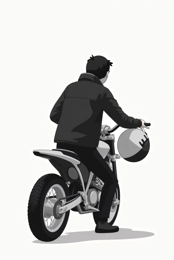 Motorcyclist with his helmet on his left arm mini cartoon, with black jacket posing sideways, without helmet on head, 
black and white 