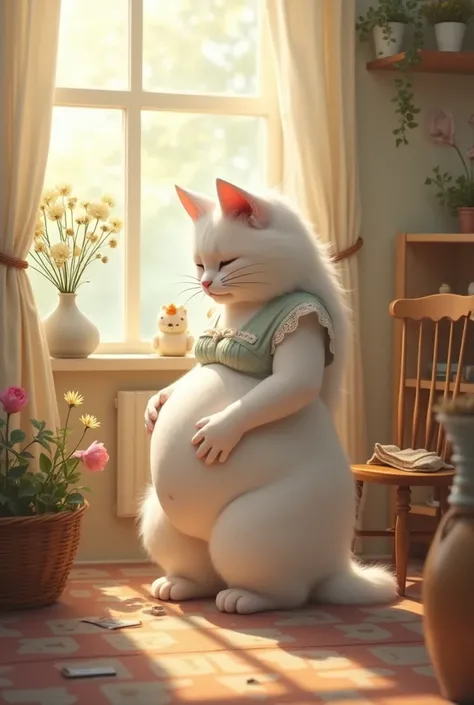 draw a female white cat who is pregnant and wearing a frock. she is dusting her house and she place her hand on her belly. and suddenly she felt pain in her belly and starting crying