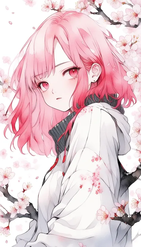 illustrator, anime , realistic ,sketch , watercolor, 1 girl, pink hair, red eyes, sweater,order, white background, neon hair, Textured Trim, Canadian, (masterpiece, highest quality),cherry blossoms,pure white background,cherry blossoms