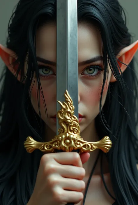 A woman with a pretty face, black hair and a sword with a golden dragon detail, covering half of his face, marking his cold greenish gaze with very slightly pointed ears.