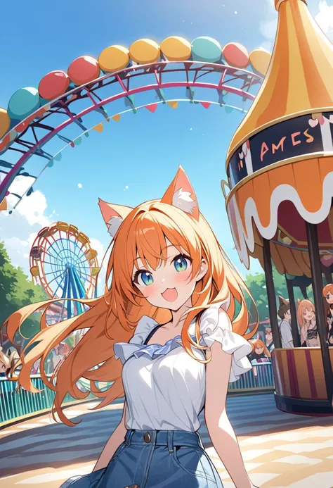 Young girl、Very cute、small、Firm breasts、Denim skirt、Orange Hair、High quality backgrounds、amusement park、Cheerful attitude、Cat ears、Cat&#39;s tail、An innocent smile、Chubby old man、Patting her head