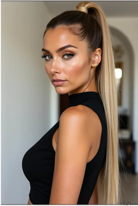 a very realistic and detailed photo of beautiful italian girl, tight black skirt, black crop top,cleavage,light makeup, long sleek straight ponytail blonde hair, brown roots hair, high quality, photorealistic, elegant, confident, piercing eyes, full lips, ...