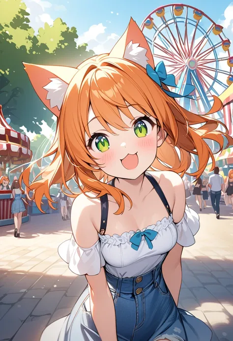 young girl、very cute、small、firm breasts、denim skirt、orange hair、high quality backgrounds、amusement park、cheerful attitude、cat ea...