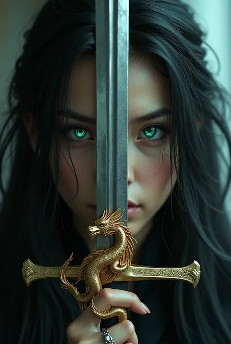 A woman with a pretty face, black hair and a sword with a golden dragon detail, covering half of his face, marking his cold greenish gaze