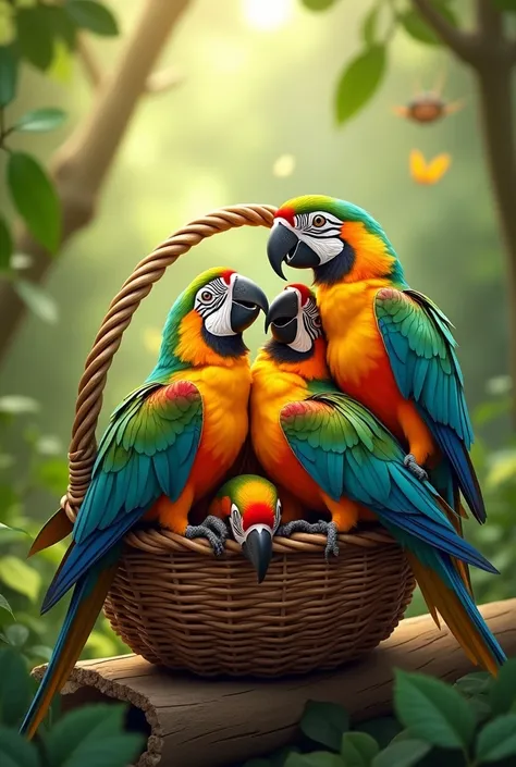 Parrot group  in the basket playing 
