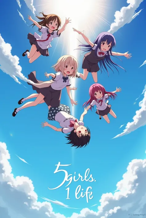 Create an image of 5 girls, takanashi rikka from chuunibyou demo koi ga shitai, with Yuzaki Tsukasa from Tonikaku kawaii, Aisaka Taiga from Toradora, Nanakusa Nazuna from Yofukashi no uta, and Oyama mahiro from oniichan wa oshimai, falling from the sky, lo...