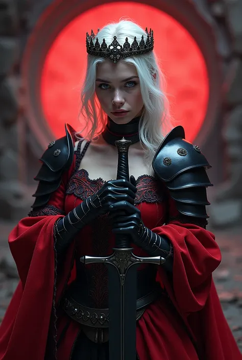 A young woman of approximately 20 years of age with white hair, in a medieval era, with red and black armor, with a crown symbolizing a dragon, a black sword in hand, with a black and purple dragon on its left side, where in the background there is a black...