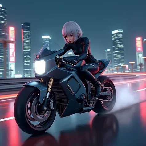 (8k, Photorealistic: 1.1, Original photo, Highest quality: 1.4),Japanese idol-style beautiful girl,1,Auto Racer,1 person,(Short Bob),(Silver Hair),(Swaying in the wind),Clear grey eyes,Long eyelashes,(piercings(small)),Rider Suit(one piece),boots,(The futu...