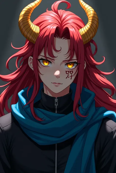 anime young man, with golden horns,yellow eyes and long red hair. In a black training suit, with a dark blue scarf. With a scar in the shape of "and"