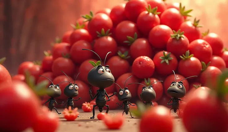 The ant and his friends are surrounded by a pile of red fruit.. They looked confused and overwhelmed because of the amount of fruit they had to take home.. Kiko is scratching his head, looking for a solution to bring all the fruits to the nest.