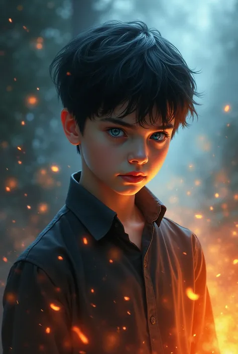 Book cover with title souls on fire. From a boy with black hair, blue eyes and white skin. 
