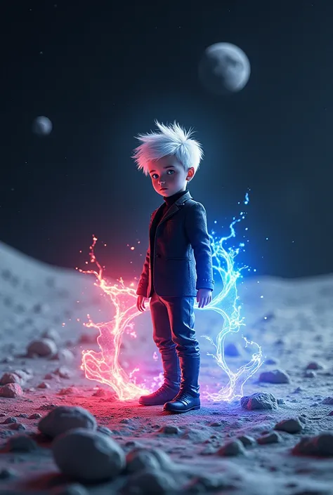 A young boy with white hair and blue eyes, but another black suit, with red, blue, and purple powers, is on the moon.