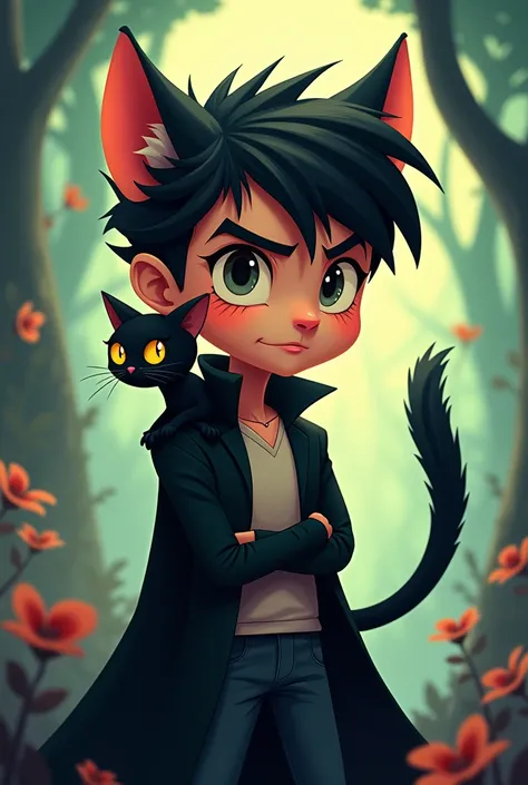 A male cartoon character with sharp eyes and a black cat on his shoulder.