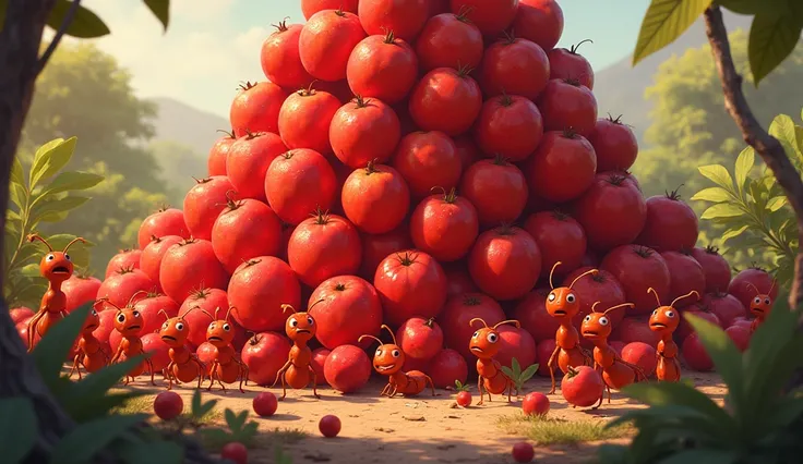 The red ant and his friends are surrounded by a pile of red fruit.. They looked confused and overwhelmed because of the amount of fruit they had to take home.. Kiko is scratching his head, looking for a solution to bring all the fruits to the nest.