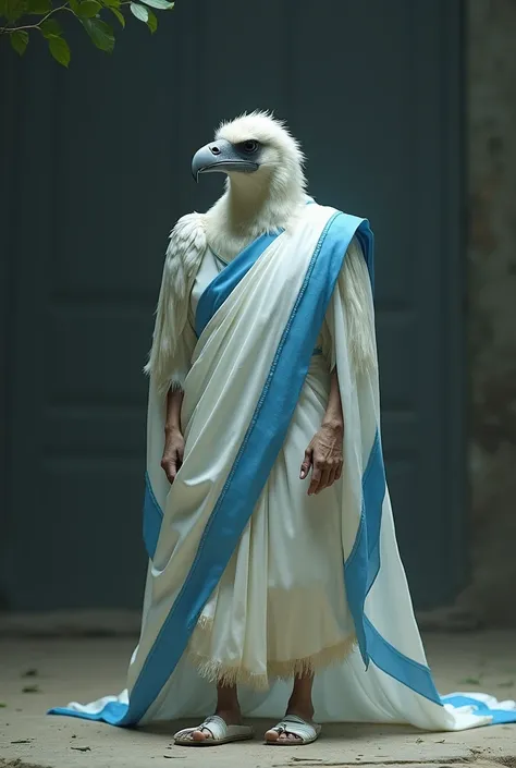 "Vulture Going to the grave"! Blue Borderd,white saree on the vulture like an women,white slippers on the feet