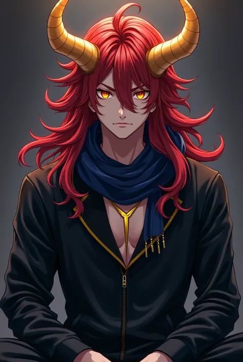 anime young man, with golden horns,yellow eyes and long red hair. In a black training suit, with a dark blue scarf. With a Y-shaped scar, on his chest