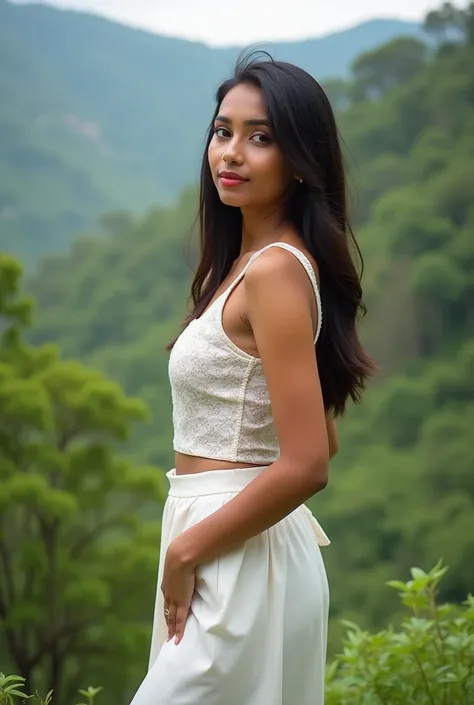 Realistic photo of Kerala female is aged 28 with white fair Indian skin tone in wayanad kerala. Wearing kerala sleeveless white printed top and midi.Showing hip and big breast.big ass.