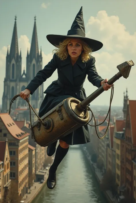 Paint a picture in realistic style. The picture is supposed to depict a witch on a flying handheld vacuum cleaner from the 1960s. The witch has light blonde, slightly curly, shoulder-length hair. The witch is said to smell slightly musty and wears no hat! ...