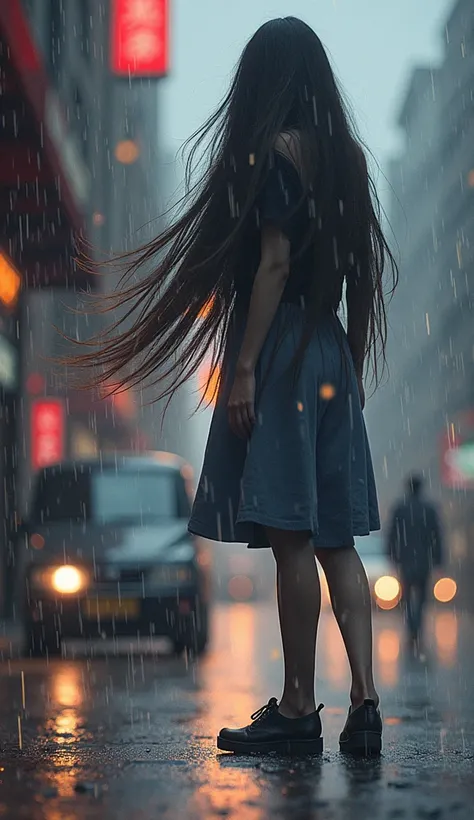 a woman standing alone at night in the rain, melancholy expression, long hair, back view, blurred city streets in the background, delicate blue background, sparkling effects, silhouette, cinematic lighting, photorealistic, masterpiece, highly detailed, 8k,...