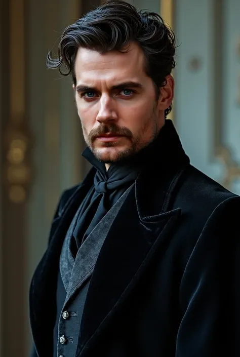 ((Inspire-se em Henry Cavill)) A handsome and dashing man, with adult masculine features, blue eyes and short black hair. She is facing, stopped, in the black robes of a Victorian-era prince. ultra resolution, high details, better image quality. High resol...