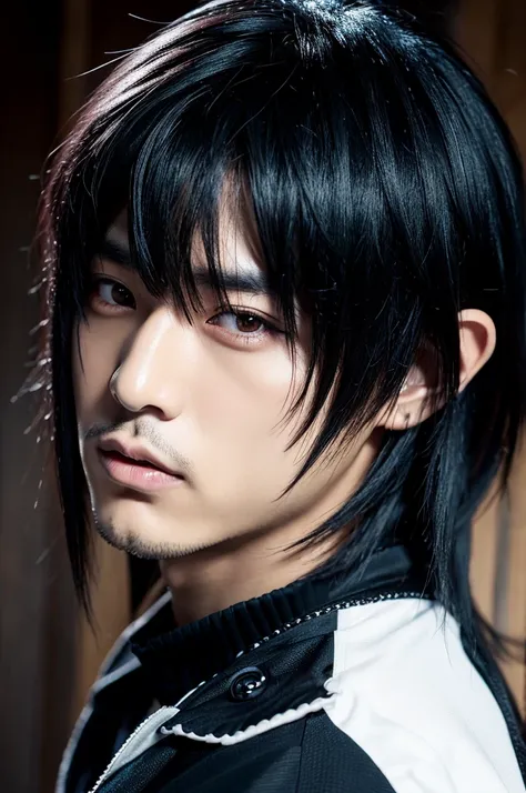 1 male Japanese gothic rocker, male, Asian eyes, Visual kei hairstyle, gothic outfit, black hair color,  hyperrealistic, realistic representation, ultra detailed face and eyes, 30 years old, handsome face