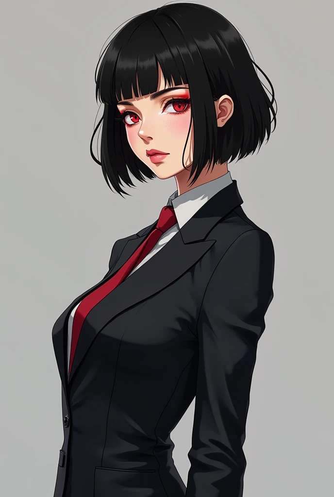 woman,30s Black hair Bob hair,Anime Style,chest, whole body,suit,Red eyeshadow,Cross-eyed