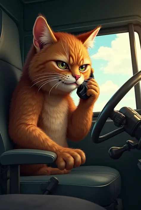 draw a brown male cat who is in the truck and drving. draw him that he is holding his phone to the ear and talking and looking tensed