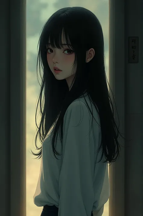 Manhwa art style, a girl with long black hair that is passing her shoulders, standing in a dimly lit room.