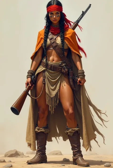 Create an illustration of a full-length indigenous woman from the Apache tribe, with an angry expression, wearing a cloak over her body, with a red scarf tied around her head, braids in her hair, tribal paint on her face, leather boots, and wielding a rifl...