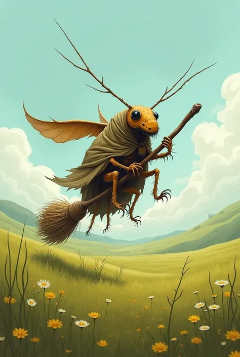 Cockroach riding on a broomstick in an open field