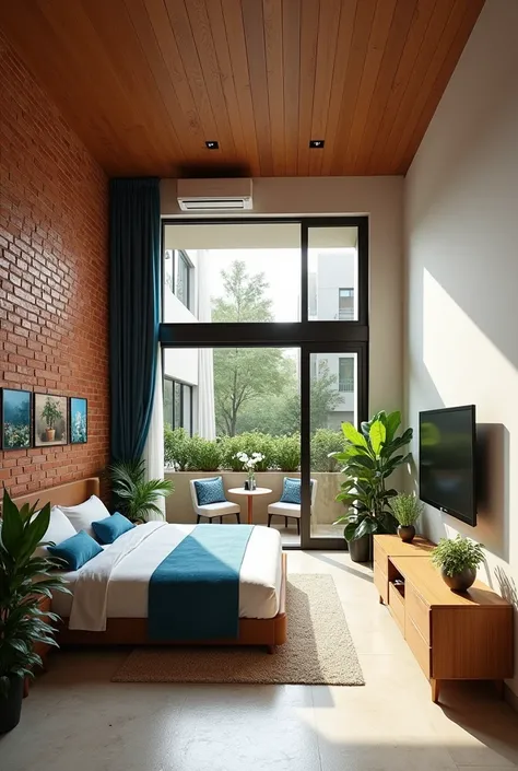 Create an modern and traditional bedroom 15 feet length and 15 feet breadth having height of 14 feet and the bedroom having seprate walking closet and bathroom and the flooring should be kadappa stone and an red brick texture wall and remaining walls cream...