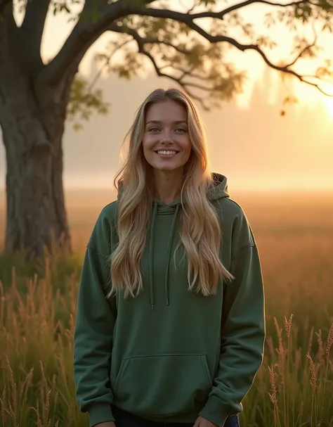 hyperealistic photo A full body shot of a beautiful blonde woman with long hair, she is happy, wearing a green hoodie, The early morning fog envelops the meadow, with tall grasses swaying gently in the breeze and trees standing amidst them. The sun is just...