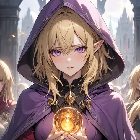 ((Best Quality)), ((masterpiece)), (detailed), （Perfect Face）、The woman is Seras Ashlain, a blonde elf wearing purple robes and a purple hooded cloak. She becomes a member of the sorcerer group Asynt and is reborn as a follower of the sorcerer group Asynt ...