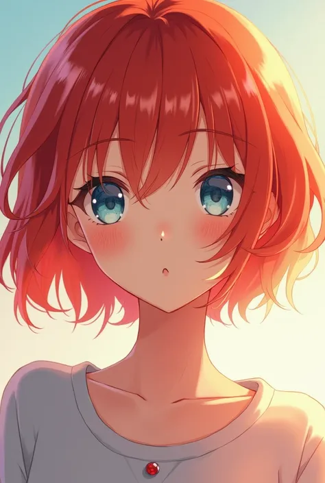 Anime girl with short red hair and light blue eyes 