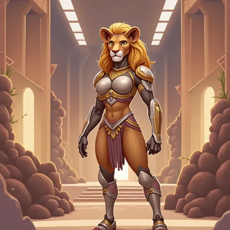 a human lioness princess that dress in a halfway between ancient and futuristic