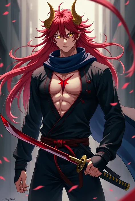 anime young man, with golden horns,yellow eyes and long red hair. In a black training suit, with a dark blue scarf. With a Y-shaped scar, huge on his chest, brandishing a deep red-edged katana. 